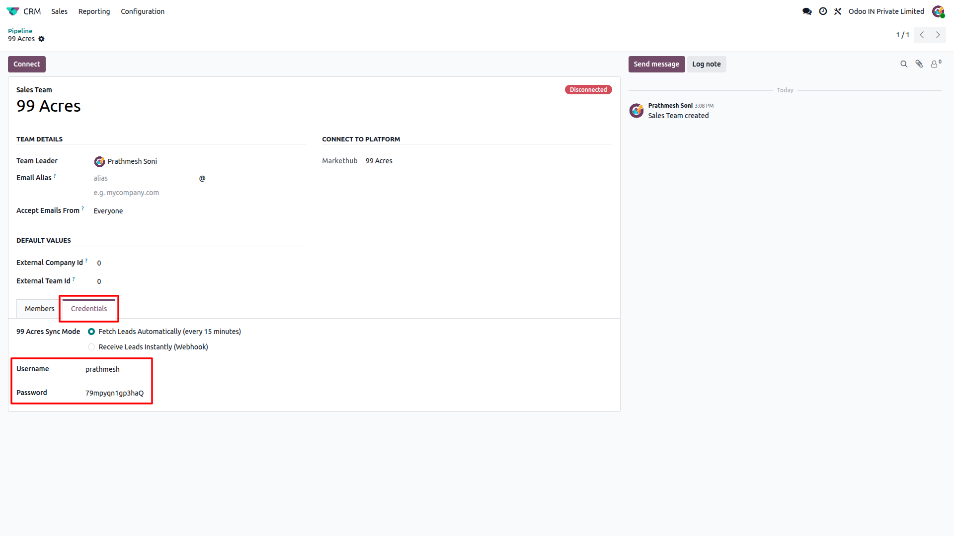 Odoo CRM Credentials tab showing 99 Acres Username &amp; Password field and sync mode options