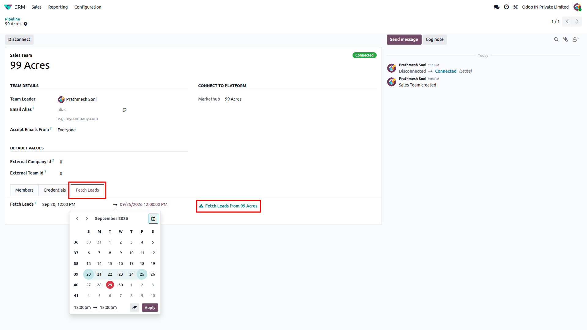 Odoo CRM Fetch Leads tab with date range picker for retrieving old 99 Acres leads