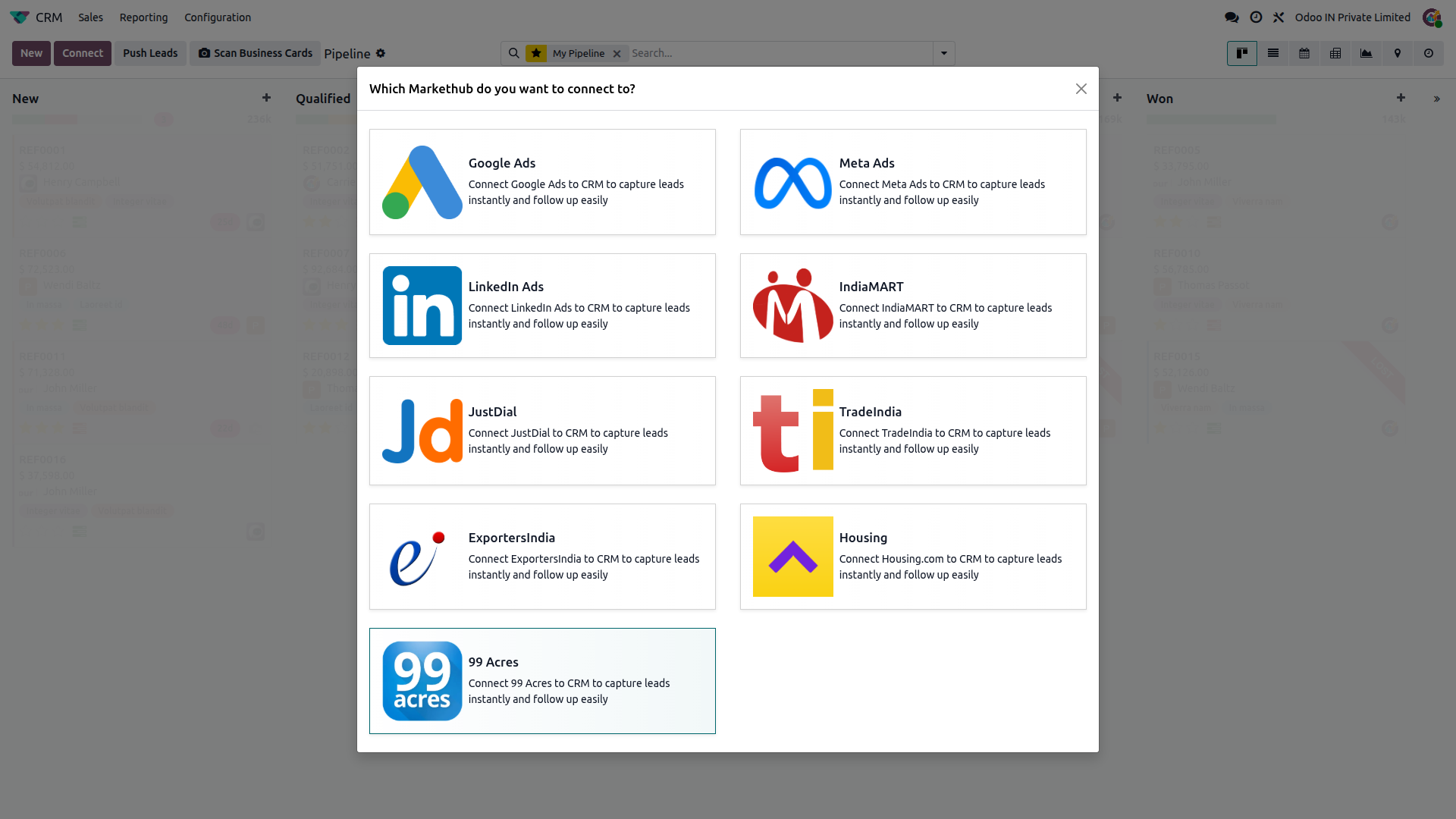 Odoo CRM Connect popup with 99 Acres selected among available MarketHub platforms