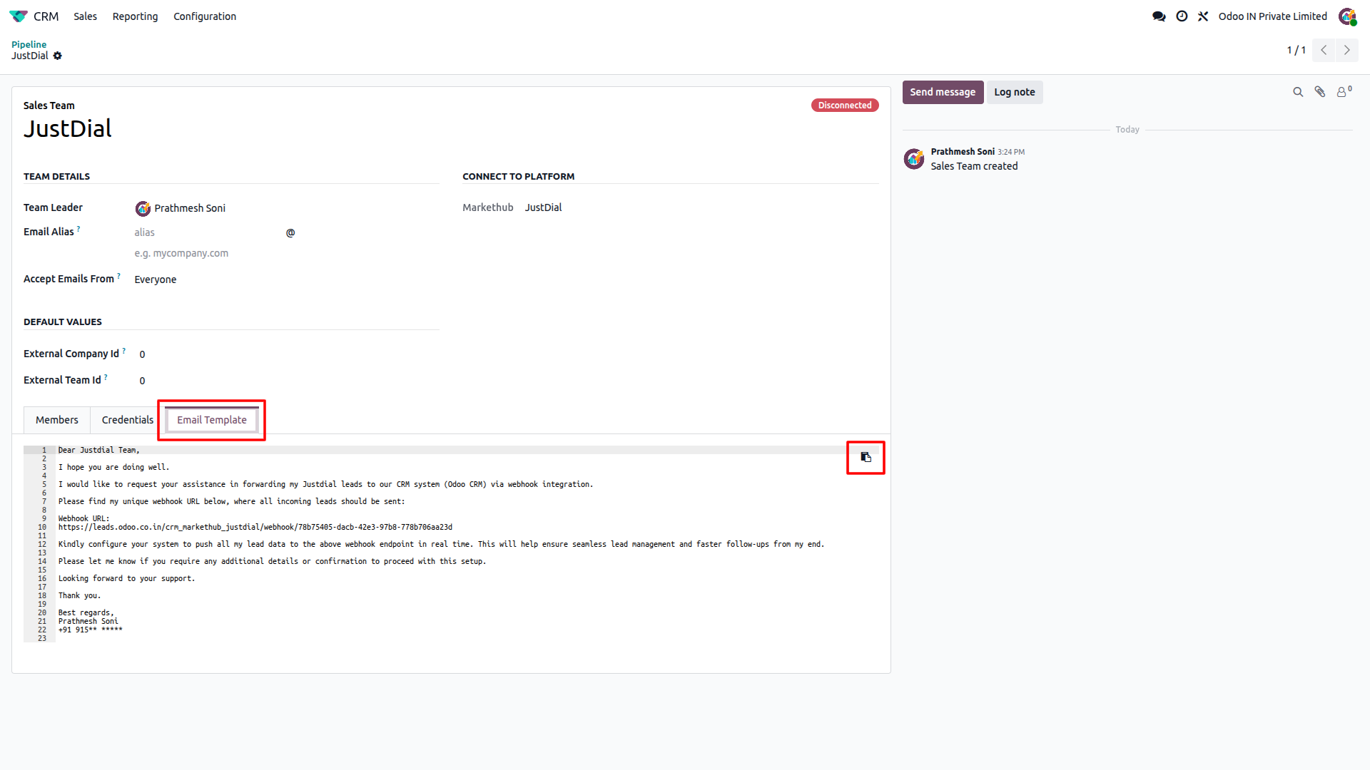 Odoo CRM Credentials tab showing JustDial Email Template and Copy options