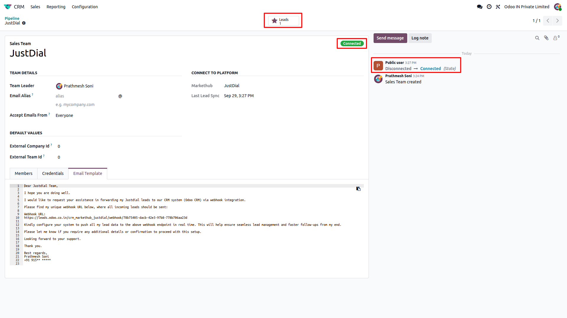 Odoo CRM JustDial Sales Team showing disconnected-to-connected status and one lead received