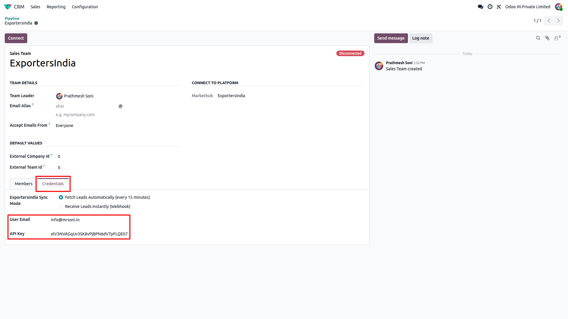 Odoo CRM Credentials tab showing ExportersIndia Email & API key field and sync mode options