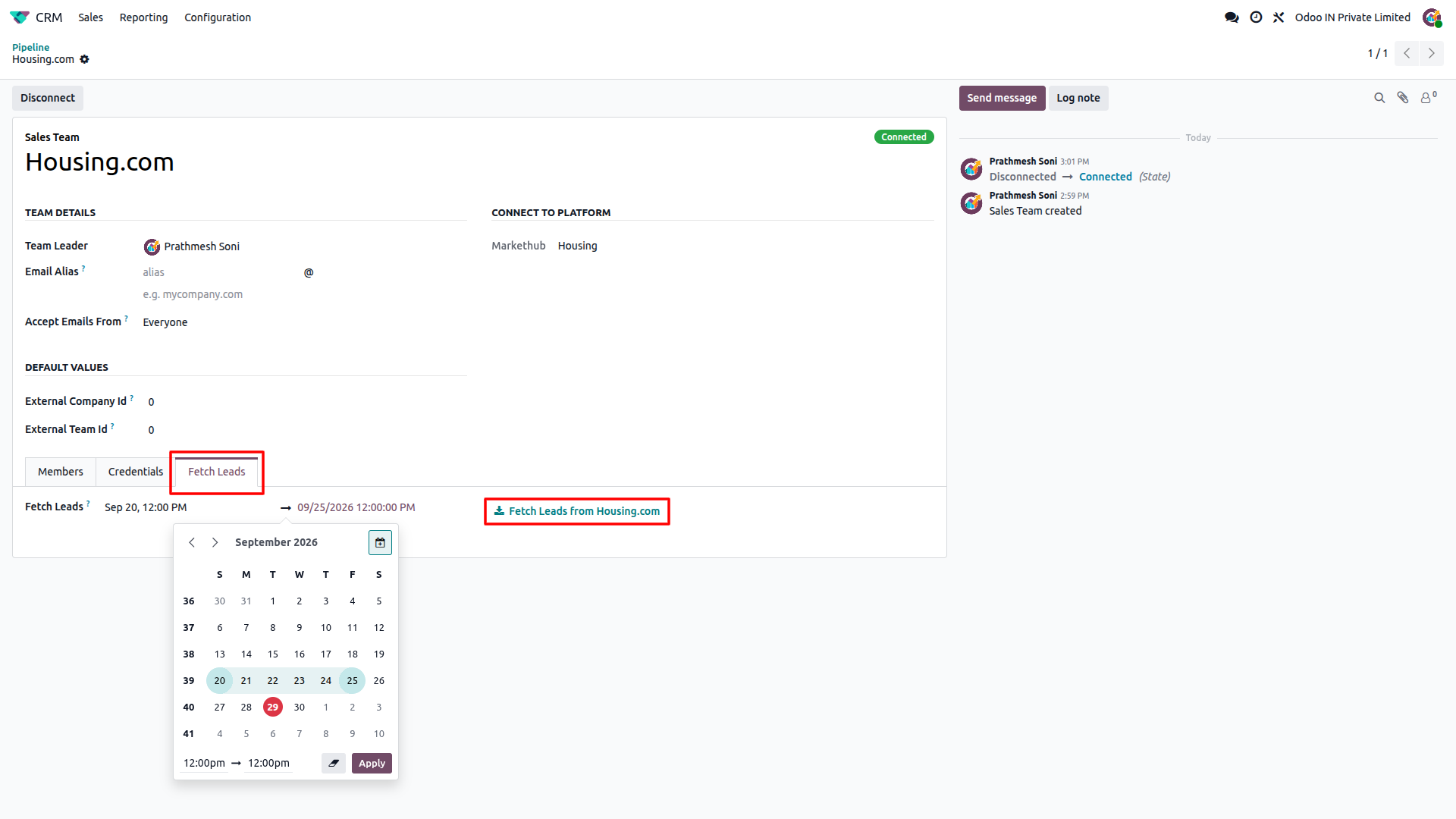 Odoo CRM Fetch Leads tab with date range picker for retrieving old Housing.com leads