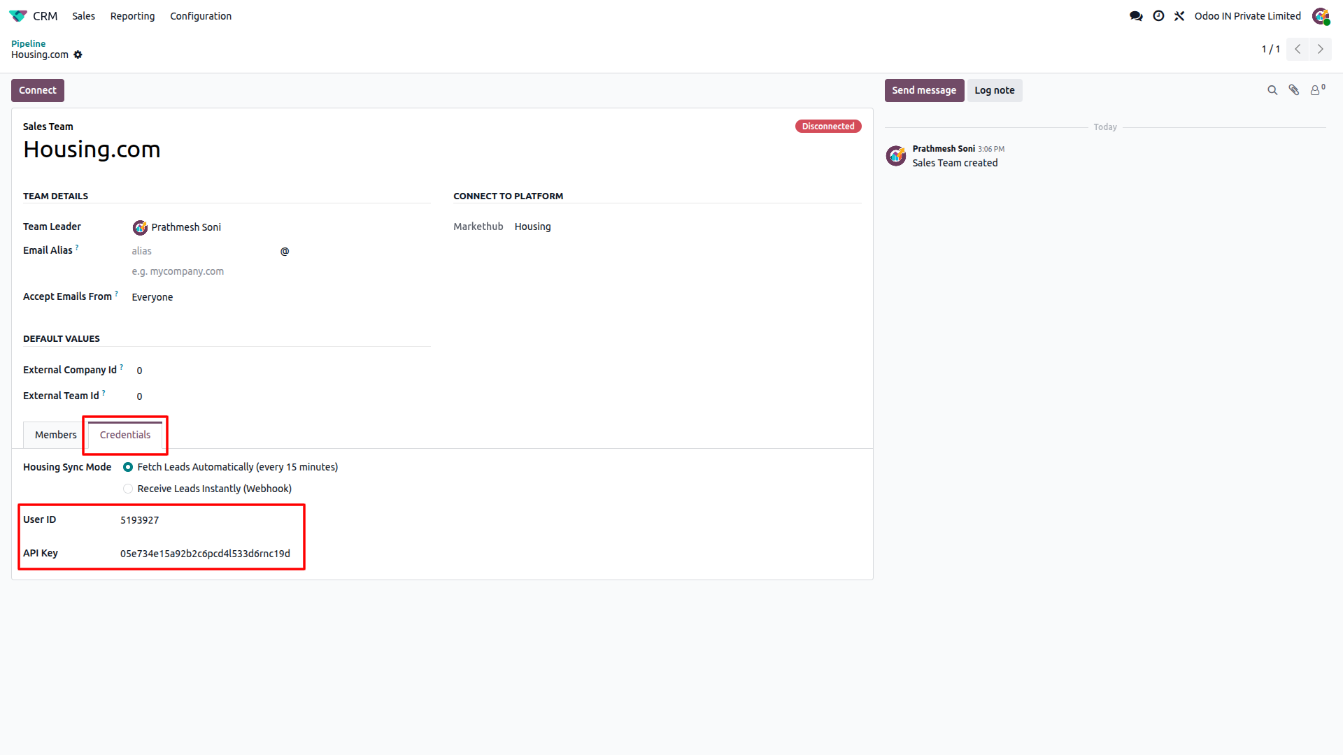 Odoo CRM Credentials tab showing Housing.com User ID, API key field and sync mode options