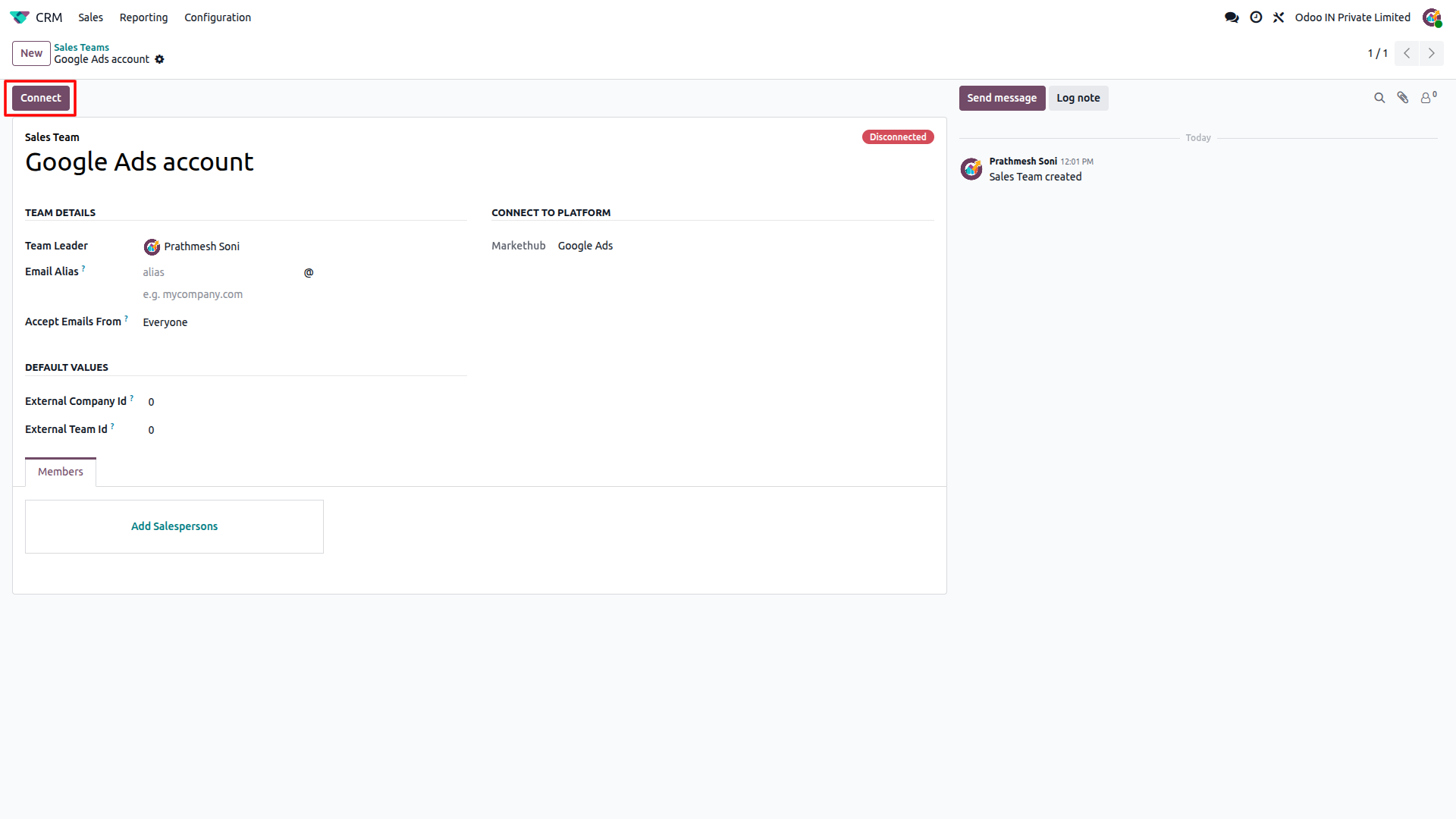 Odoo CRM Google Ads sales team account showing disconnected integration with Connect button