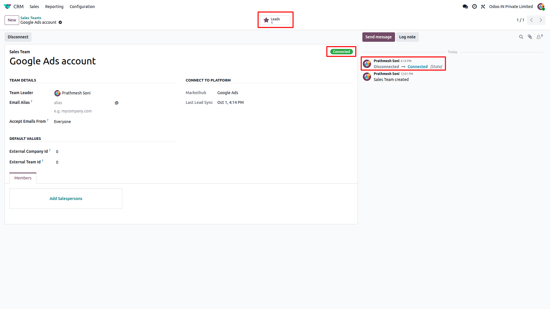 Odoo CRM Google Ads sales team account showing connected status and synced leads