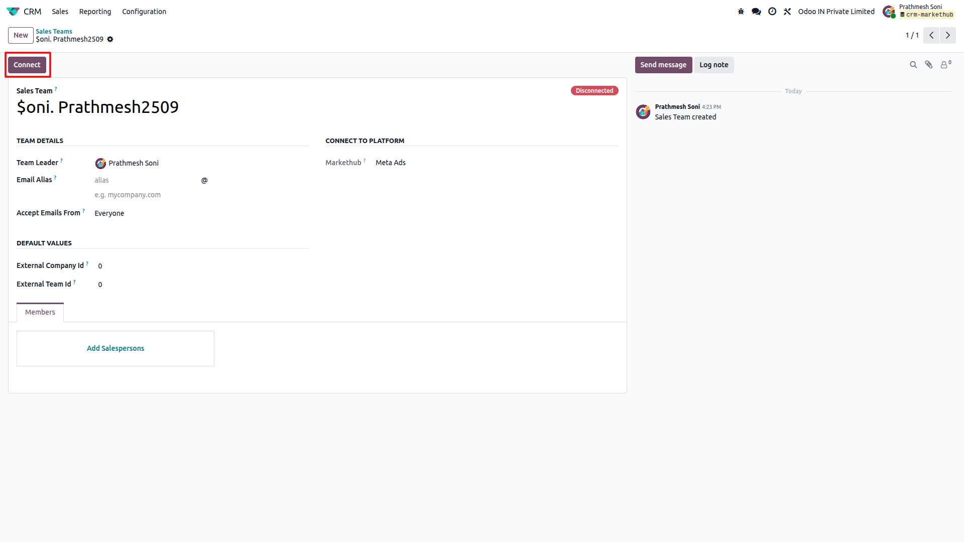 Odoo CRM sales team page showing Meta Ads connection with Connect button