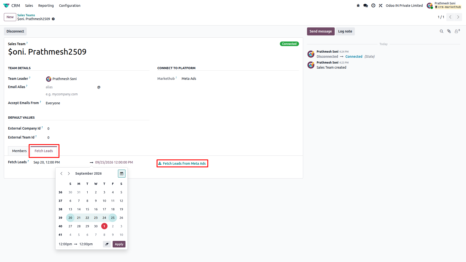Odoo CRM sales team page showing connected Meta Ads account and Fetch Leads date range