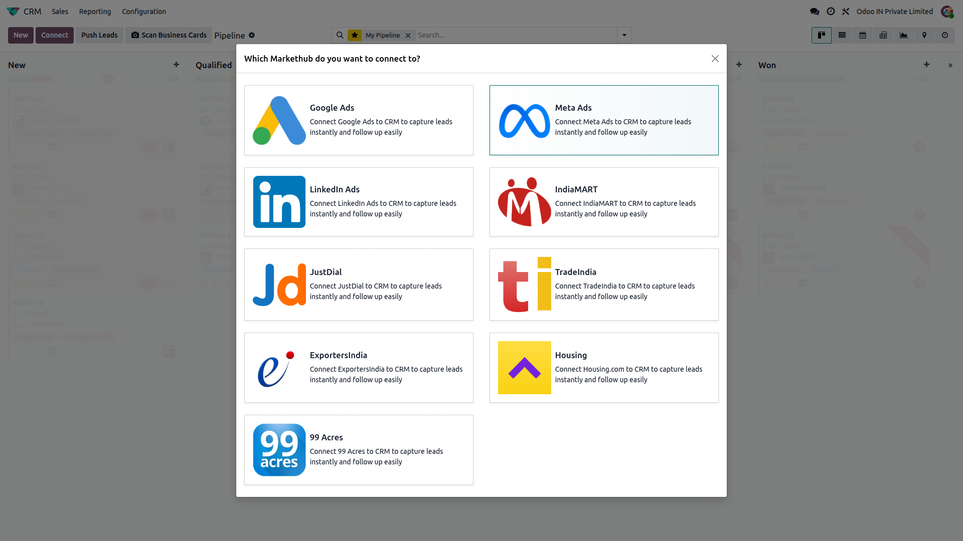 Preview thumbnail for the Meta Ads Odoo connection demo video, showing Google Ads selected in the Connect popup