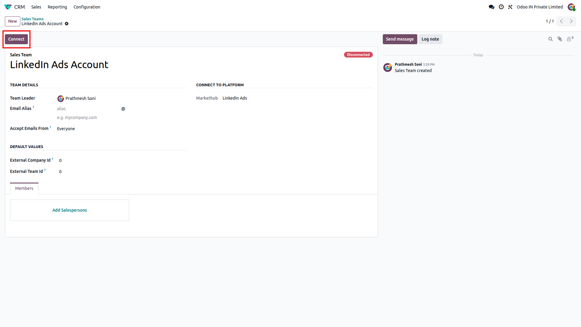 Odoo CRM sales team page showing LinkedIn Ads connection with Connect button