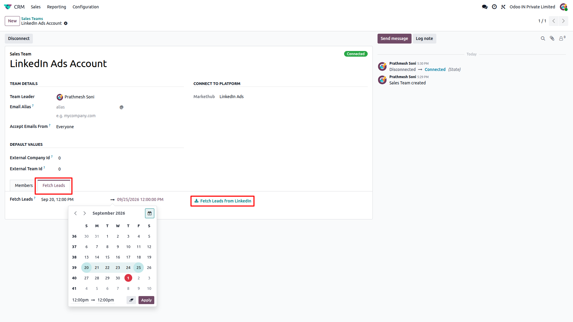 Odoo CRM sales team page showing connected LinkedIn Ads account and Fetch Leads date range
