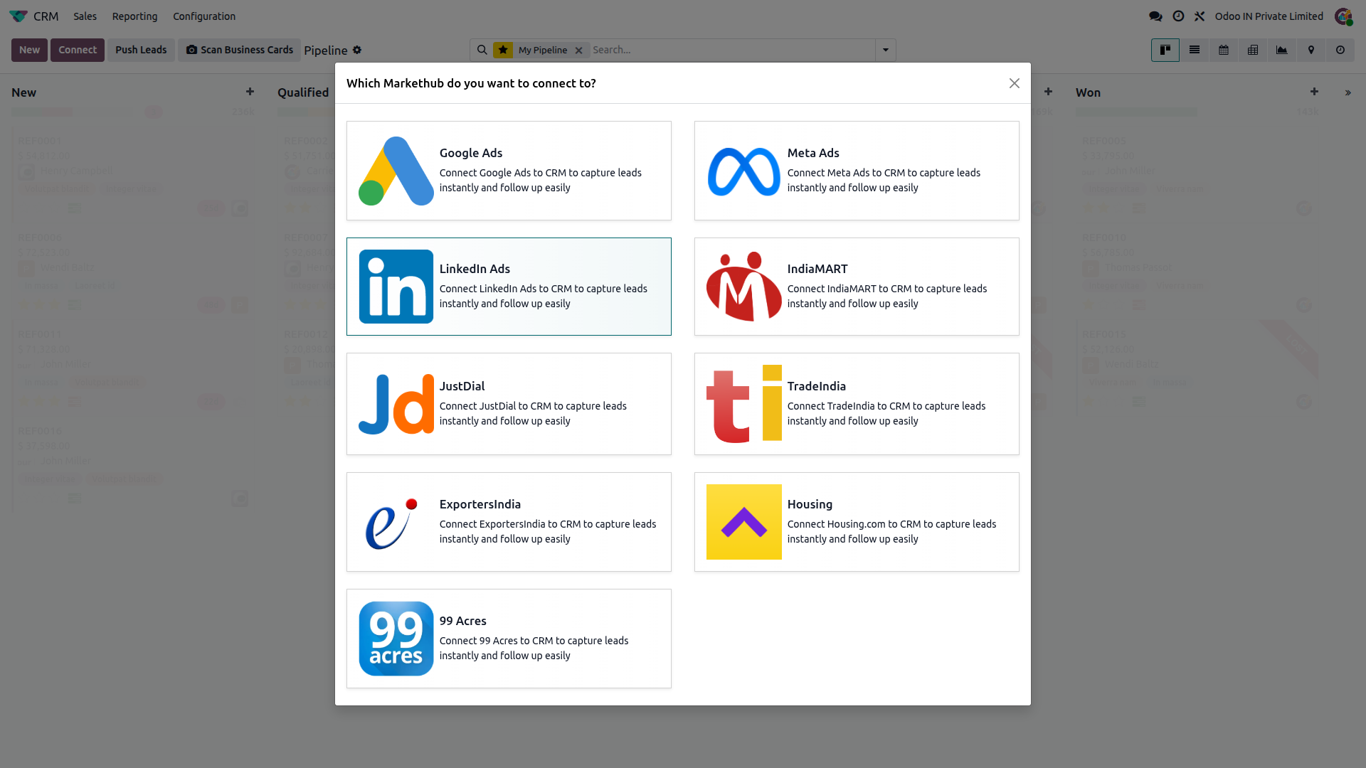 Odoo CRM Connect popup with LinkedIn Ads selected among available MarketHub platforms