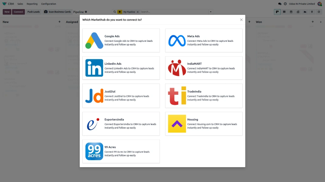 CRM Markethub dashboard bringing leads into Odoo CRM